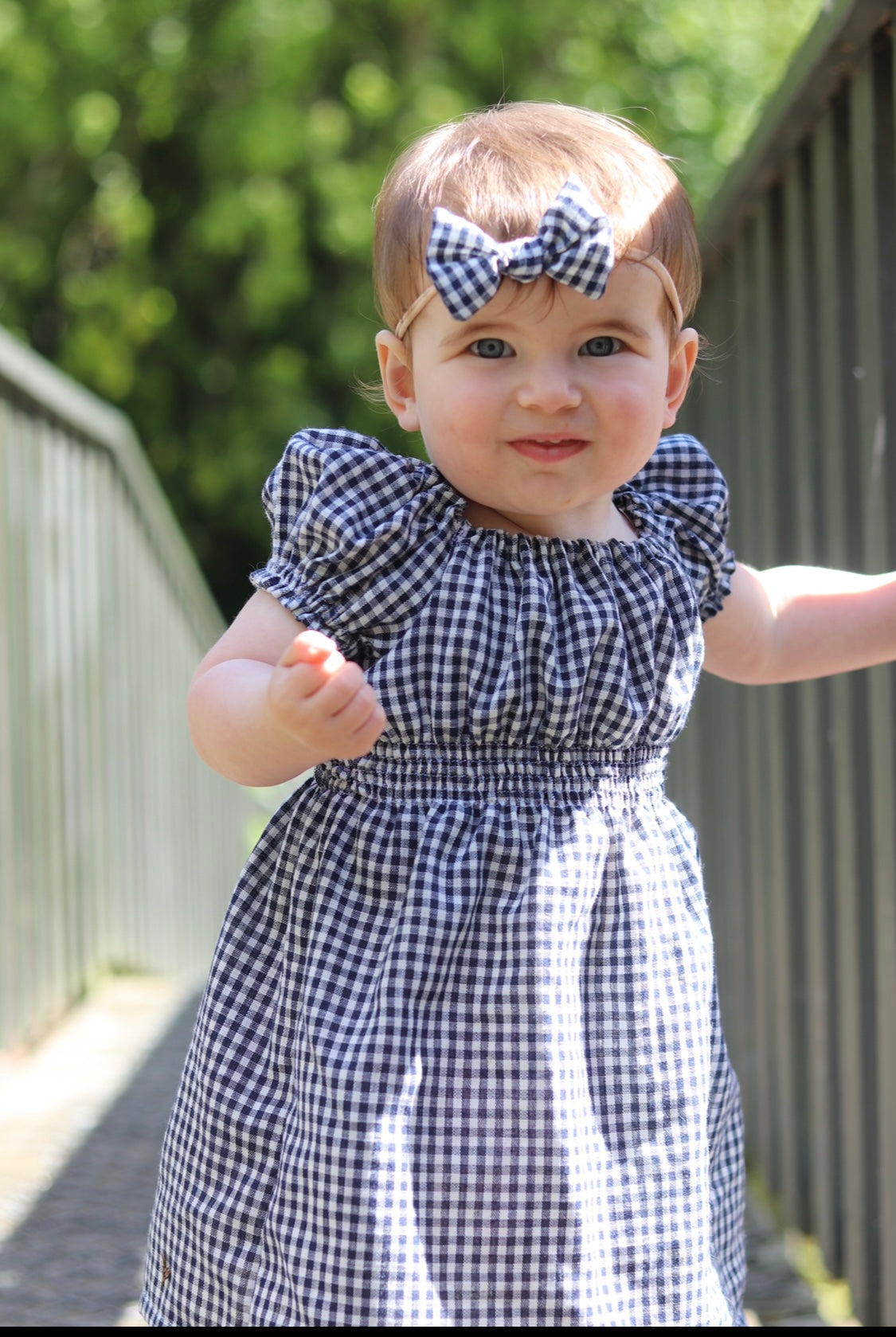 Navy gingham dress with shiring