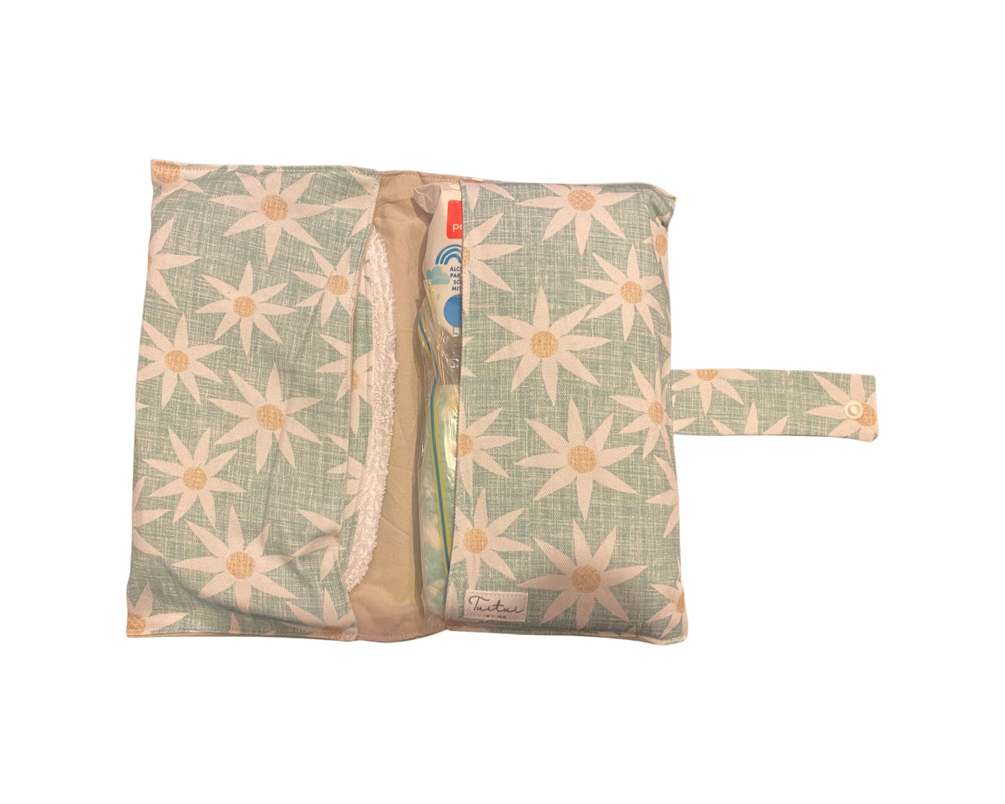 Green with daisies Nappy Wallet with Burp Cloth